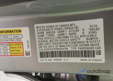 2024 Honda Civic Sport из США, поврежденный, VIN 2HGFE2F55RH554798